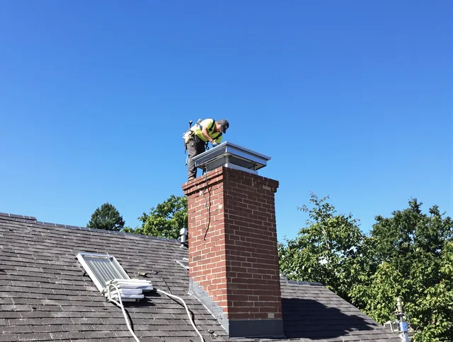 Swampscott Chimney Sweep technician measuring a chimney cap in Swampscott, MA
