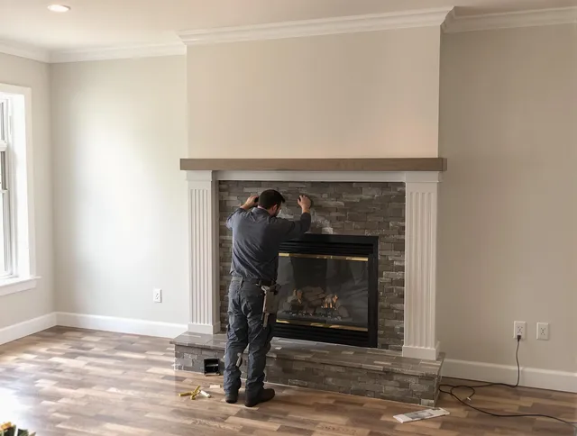 Swampscott Chimney Sweep finishing a custom fireplace install in Swampscott, MA